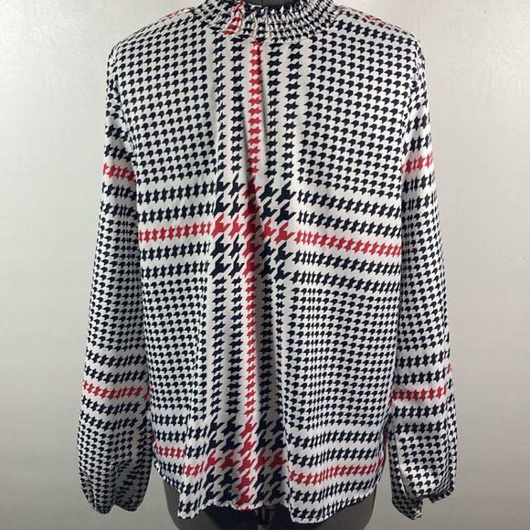 Black Red White Top/Blouse High Elastic Neck Long Sleeves Women Size Large - Picture 6 of 9